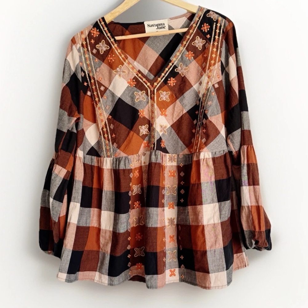 Savanna Jane Embroidered Plaid Peasant Tunic Top Sz 1X Boho Burnt Orange Fall